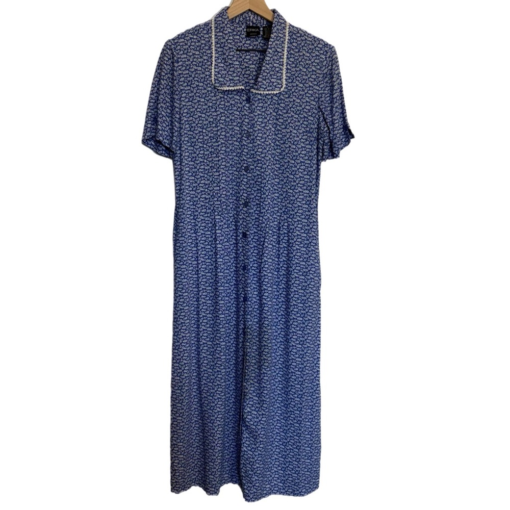 VTG Erika Blue White Ditsi Floral Button Front Lace Trim Maxi Dress S Prairie